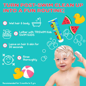 TRISWIM Kids Swim Suds chlorine and saltwater removal helps prevent odor and residue.