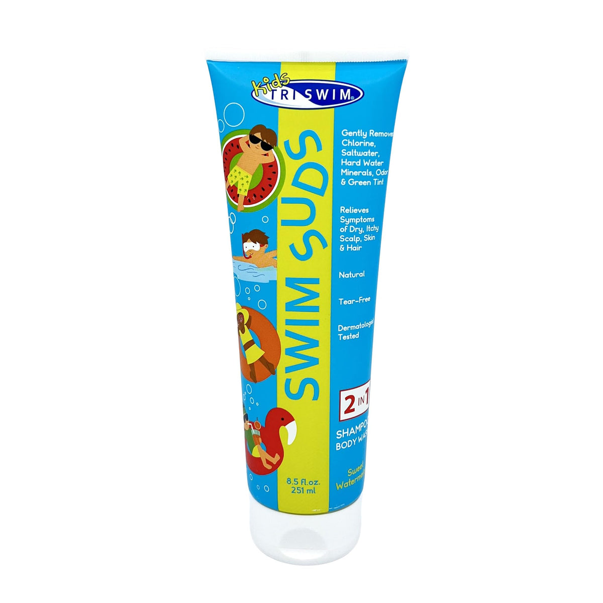 TRISWIM Kids Swim Suds natural tear-free formula cleanses hair and skin after swimming.