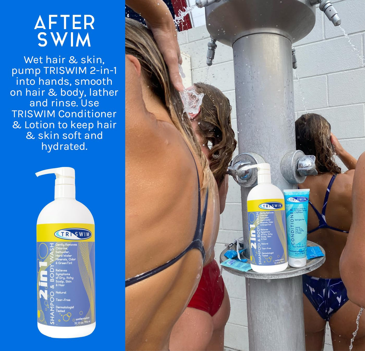 Lathered TRISWIM after-swim wash demonstrates chlorine and mineral removal.