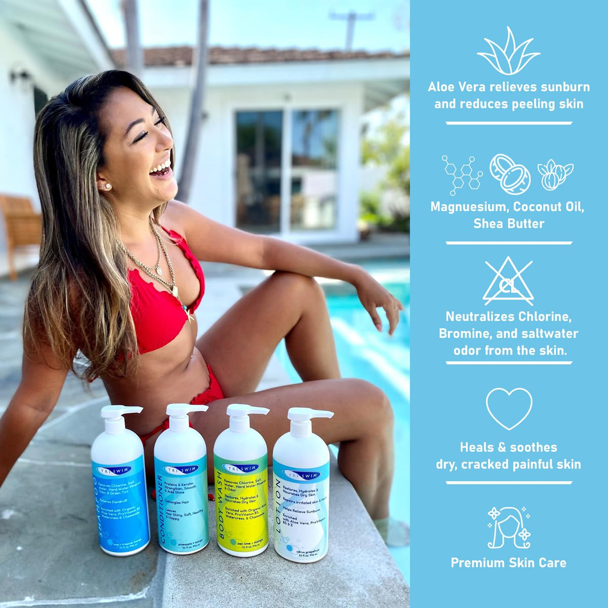 TRISWIM Swim Lotion pump in use for easy post-swim moisturizing.