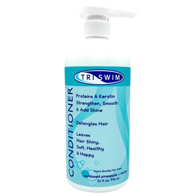 TRISWIM Swim Conditioner 32oz pump bottle hydrates swimmer hair.