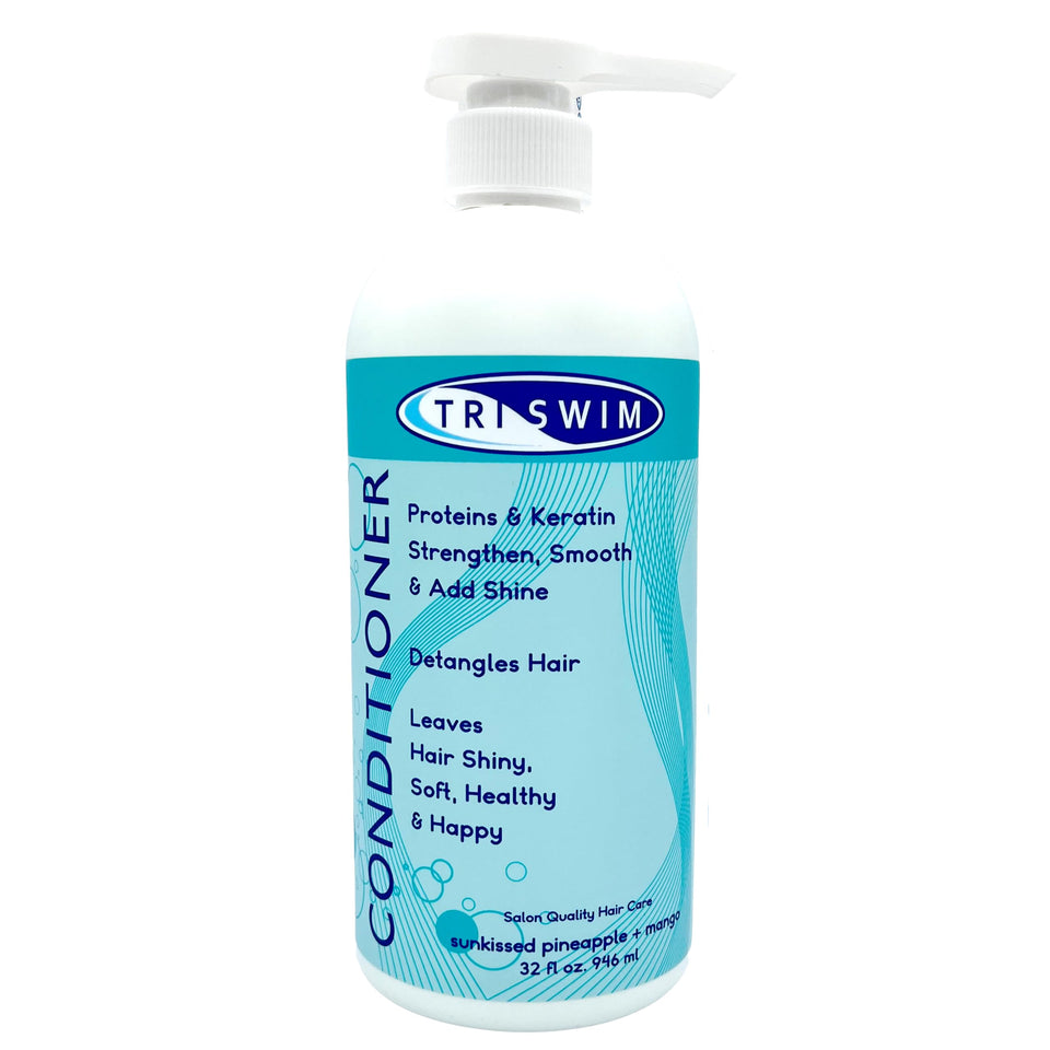 TRISWIM Swim Conditioner 32oz pump bottle hydrates swimmer hair.