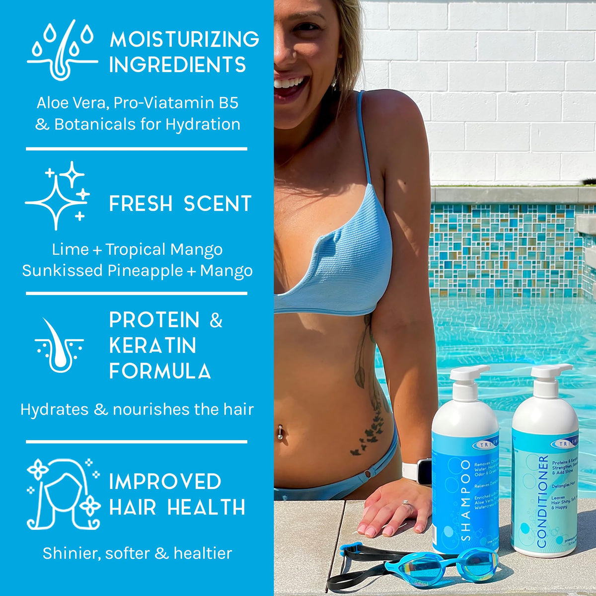 TRISWIM swim conditioner 32oz pump hydrates and adds shine after chlorine exposure.