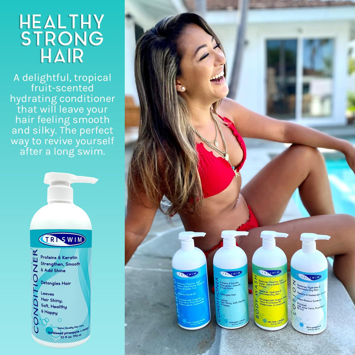 TRISWIM Swim Conditioner detangles wet hair for easier brushing.