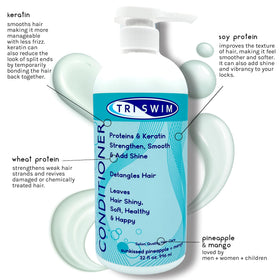 TRISWIM Swim Conditioner hydrates dry hair after chlorine exposure.