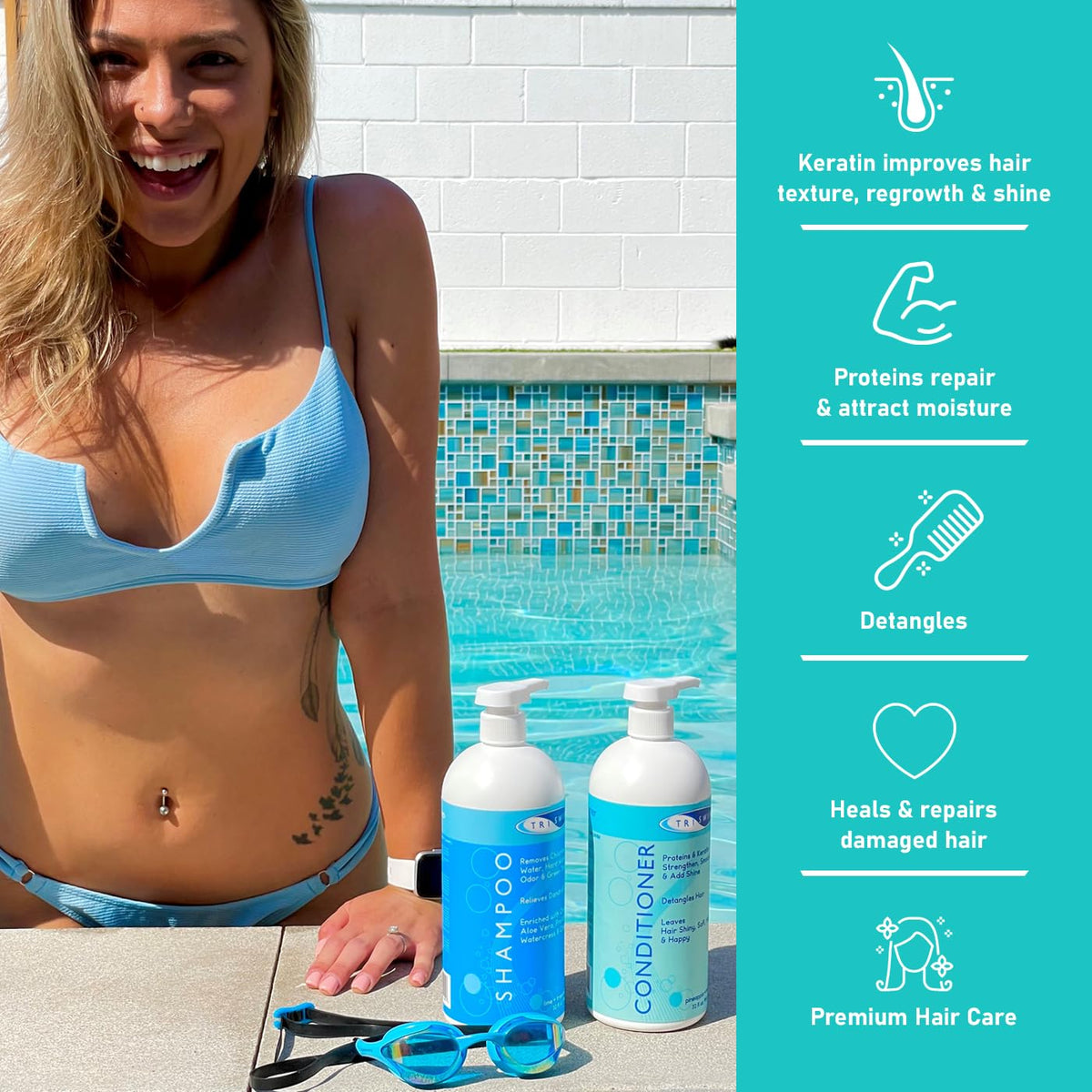 TRISWIM Swim Conditioner smooths the hair cuticle for shine.