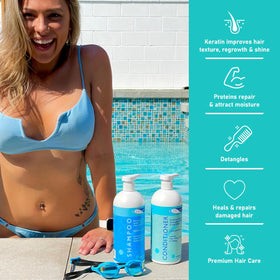 TRISWIM Swim Conditioner smooths the hair cuticle for shine.