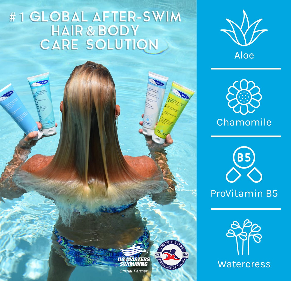 TRISWIM swim conditioner tube enhances detangling and softness after chlorinated swims