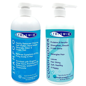 TRISWIM swim shampoo 32oz pump cleans chlorine and refreshes hair after swimming.