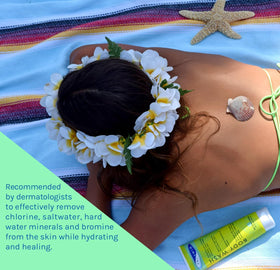 Swimmer applying TRISWIM after-swim wash to soothe dry skin after chlorine