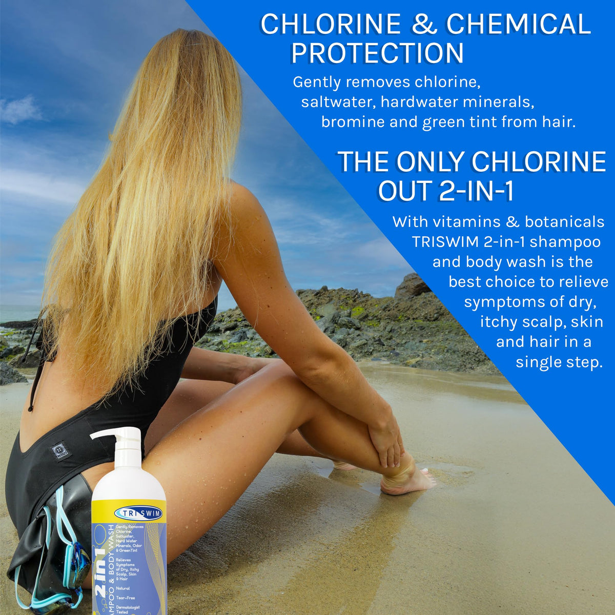 TRISWIM tear-free vegan formula is gentle on skin and hair.
