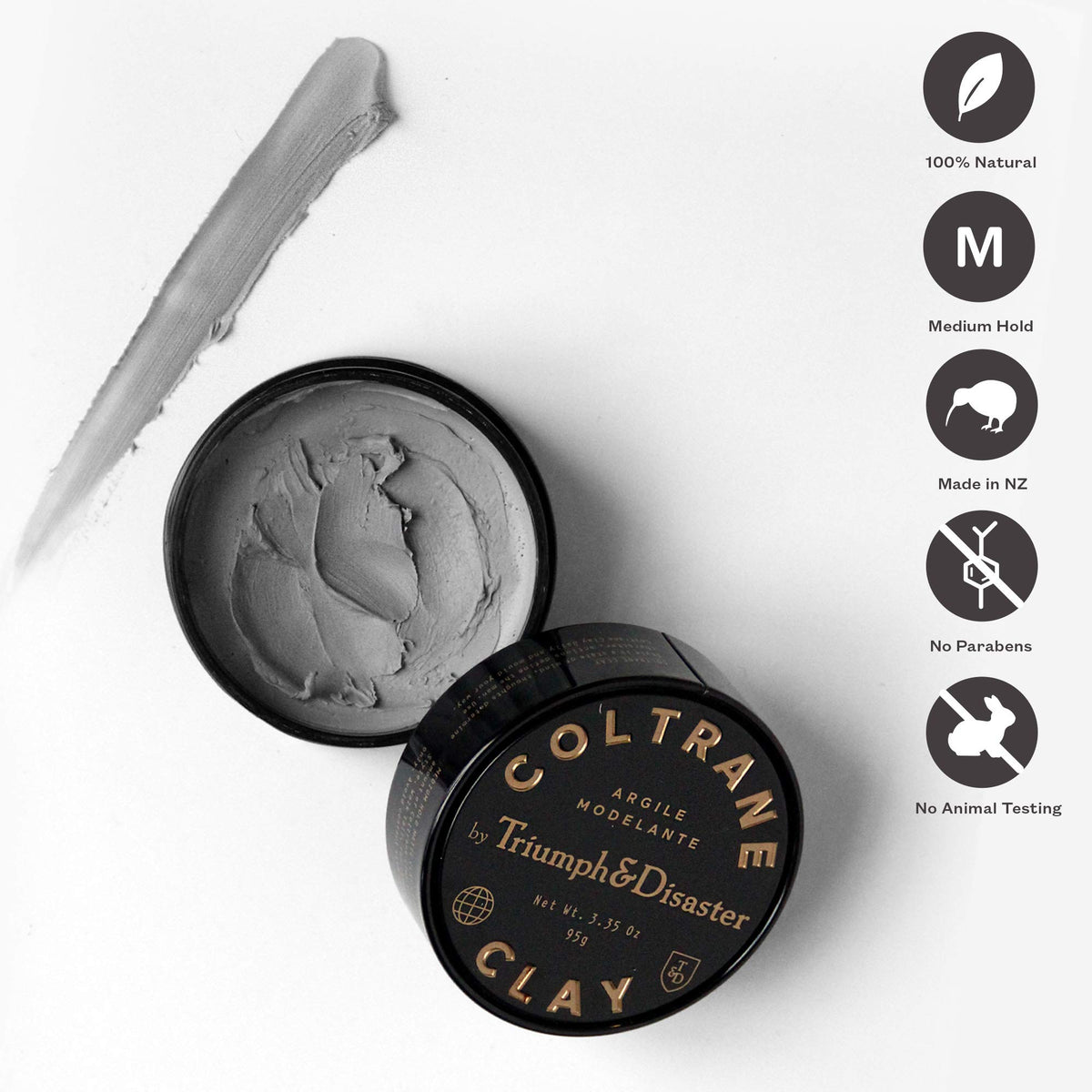 TRIUMPH & DISASTER Coltrane hair clay close-up highlights natural finish and clean formula