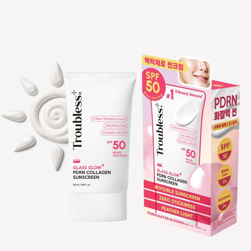 Troubless Glass Glow SPF 50 bottle shows airy texture for weightless sun protection