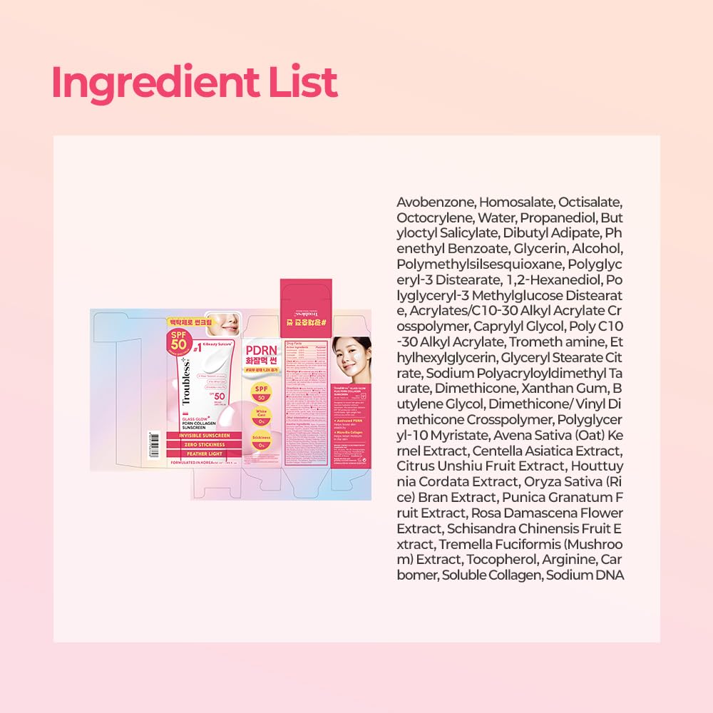 Troubless Glass Glow SPF 50 bottle showcases non-greasy, non-comedogenic feel