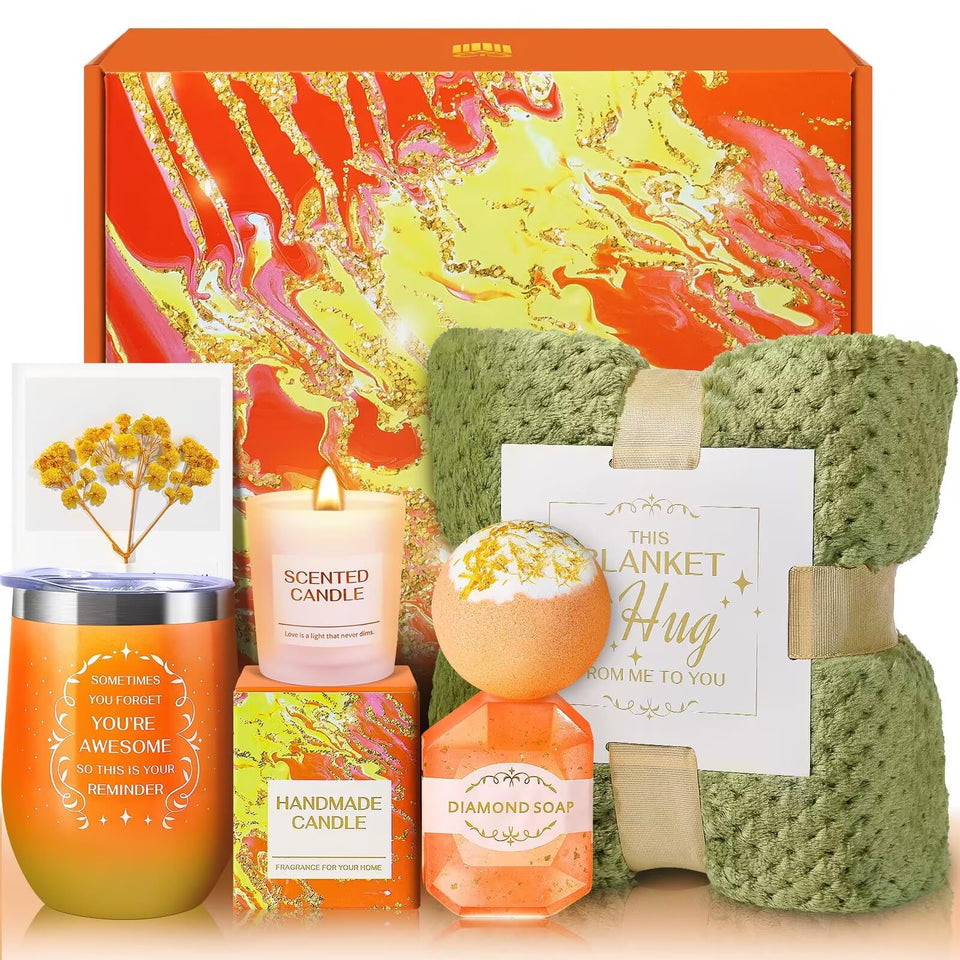 TRSILLE orange spa gift basket front view with gift-ready presentation