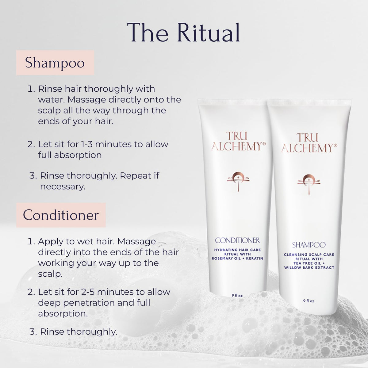 Tru Alchemy Conditioner in a bathroom setting signals smooth, manageable hair