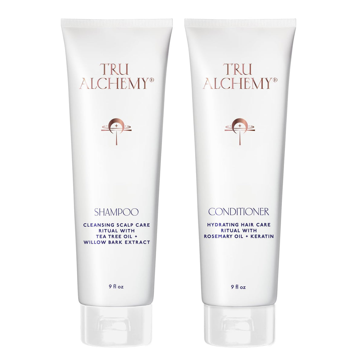 Tru Alchemy Shampoo bottle closeup highlighting a refreshing scalp cleanse