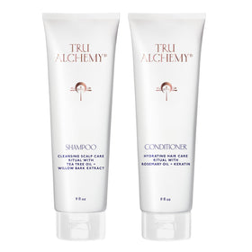 Tru Alchemy Shampoo bottle closeup highlighting a refreshing scalp cleanse