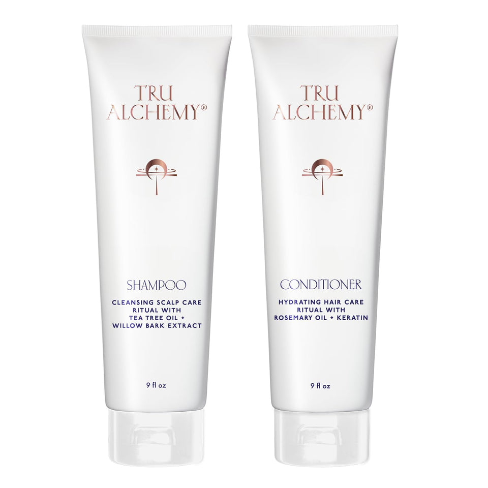 Tru Alchemy Shampoo bottle closeup highlighting a refreshing scalp cleanse