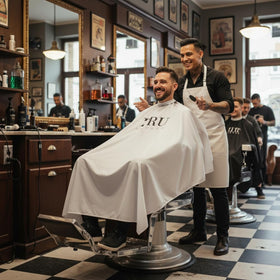 TRU BARBER cape made of lightweight polyester for comfortable all-day wear.