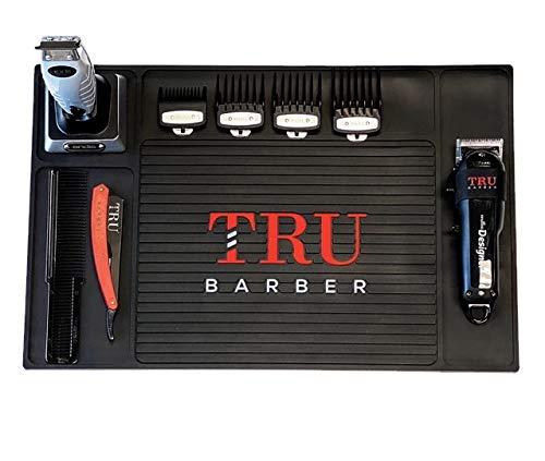 TRU BARBER Organizer Mat top view shows organized workspace and tool protection.