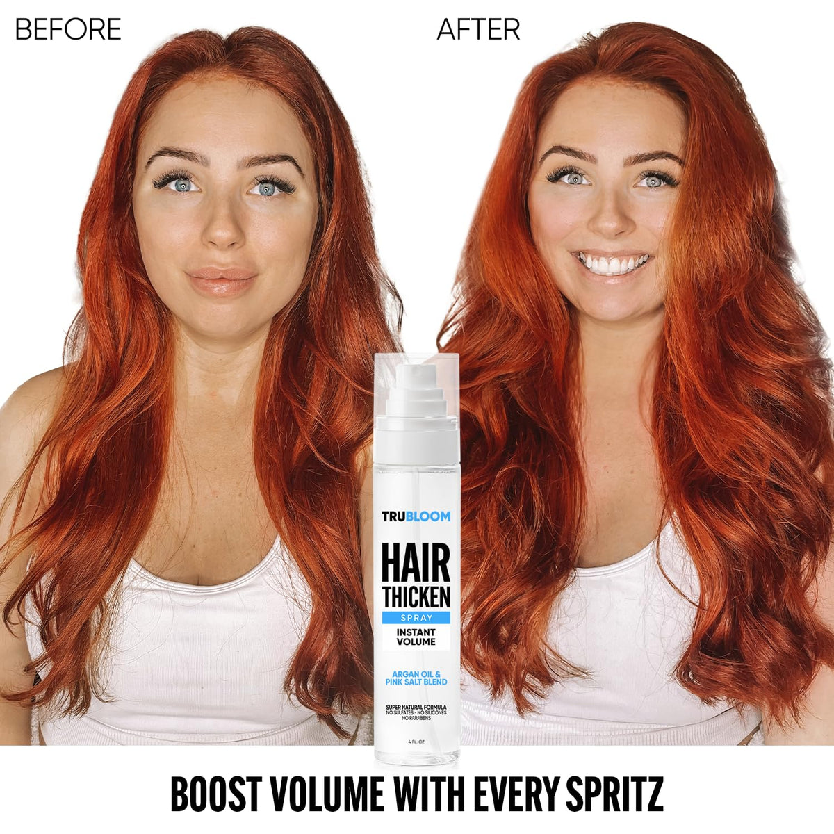 TRU BLOOM no-rinse spray supports air-drying or heat styling