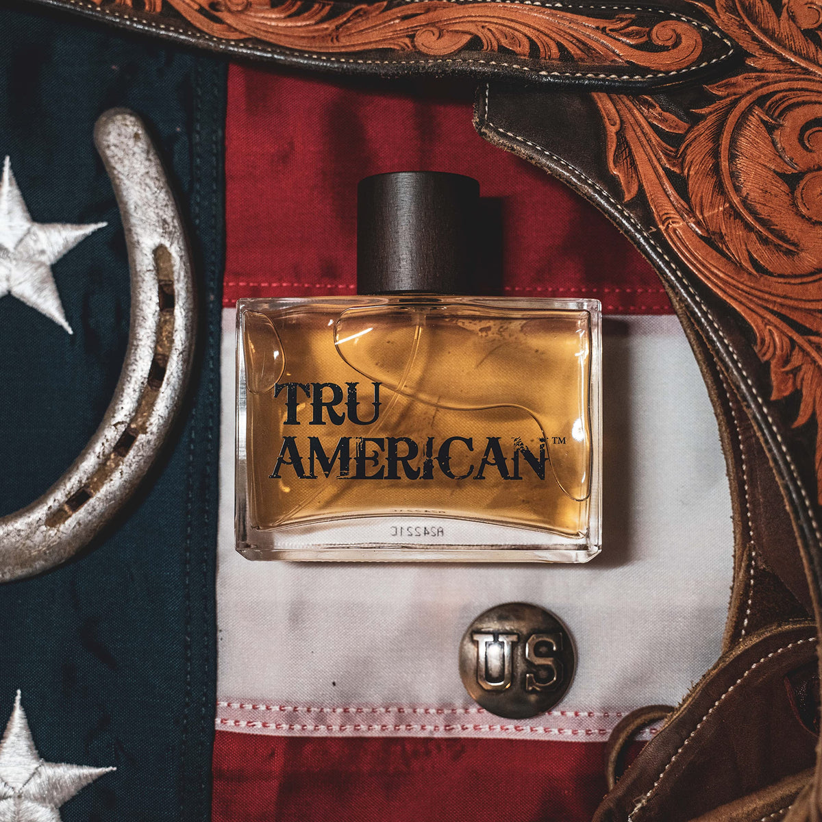 Tru Fragrance Beauty American Men's Cologne bottle cap highlights real wood finish.