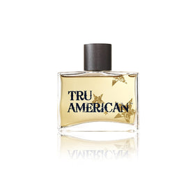 Tru Fragrance Beauty American Men's Cologne bottle closeup reveals grapefruit and pepper notes.
