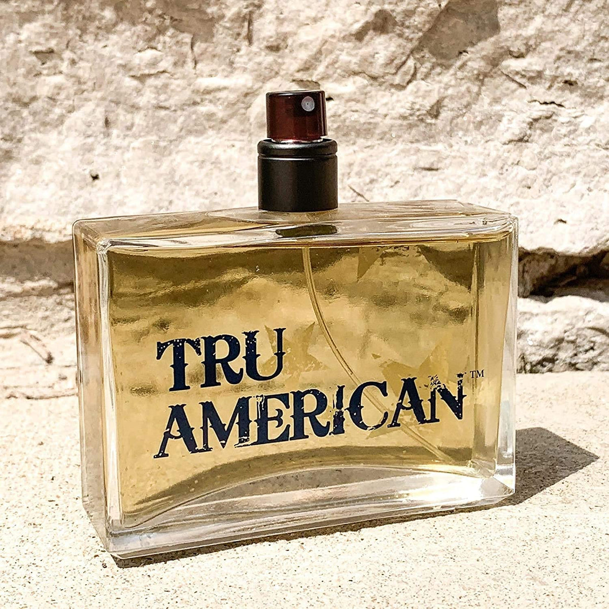 Tru Fragrance Beauty American Men's Cologne label detail emphasizes rugged branding.