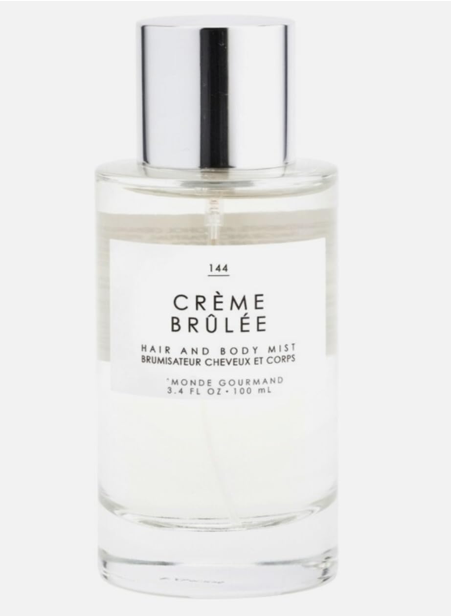 Tru Fragrance Gourmand Creme Brulee mist bottle reveals silky vanilla caramel notes for everyday allure.