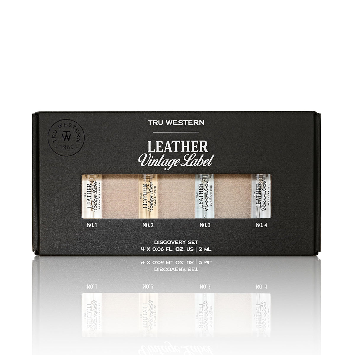 Tru Fragrance Leather Vintage Label No. 2 Small Batch bottle with grey suede and sage notes, ideal for day wear