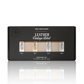 Tru Fragrance Leather Vintage Label No. 2 Small Batch bottle with grey suede and sage notes, ideal for day wear