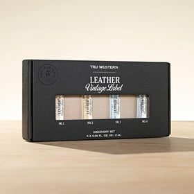 Tru Fragrance Leather Vintage Label No. 3 Indigo Blend bottle featuring citrus and vetiver for refined nights