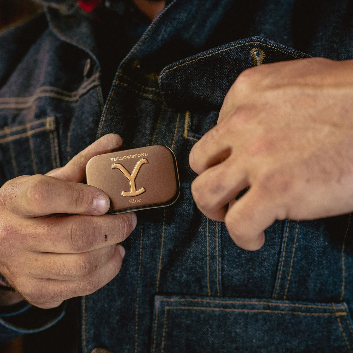 Tru Fragrance Beauty Yellowstone Ride solid cologne packaging durable tin for daily carry.