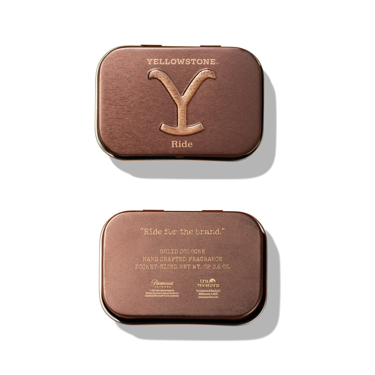 Tru Fragrance Beauty Yellowstone Ride solid cologne tin open swirl demonstrates easy reapplication.