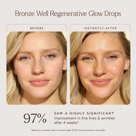 True Botanicals Bronze Well Regenerative Glow Drops on skin delivers a golden shimmer and hydration.