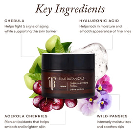 True Botanicals Chebula Extreme Cream highlights Hyaluronic Acid for lasting hydration.