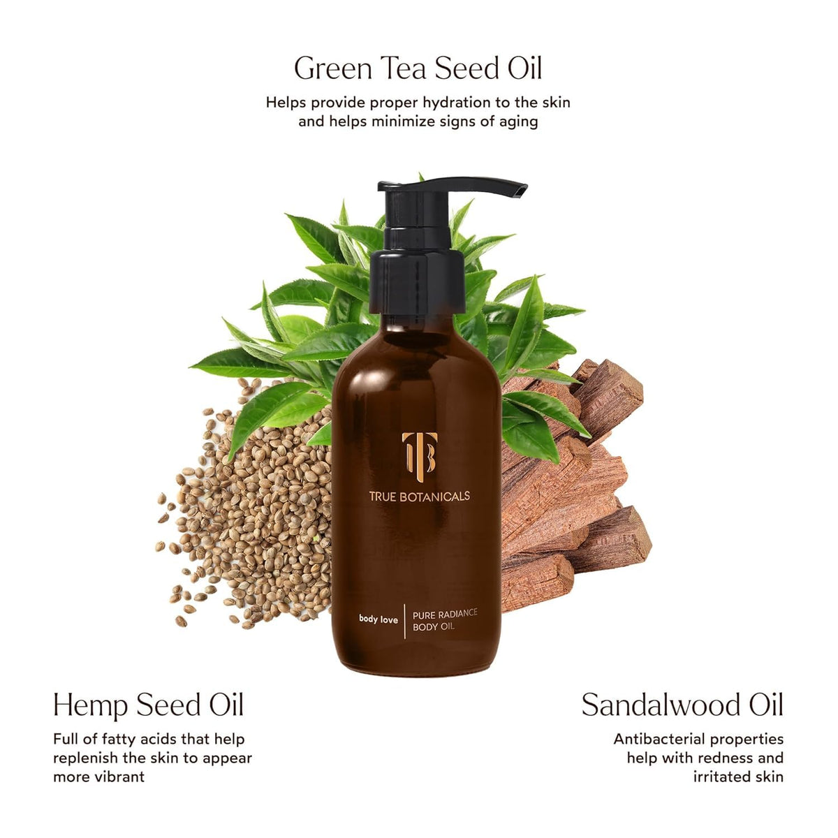 Pouring True Botanicals Pure Radiance Body Oil to show quick absorption