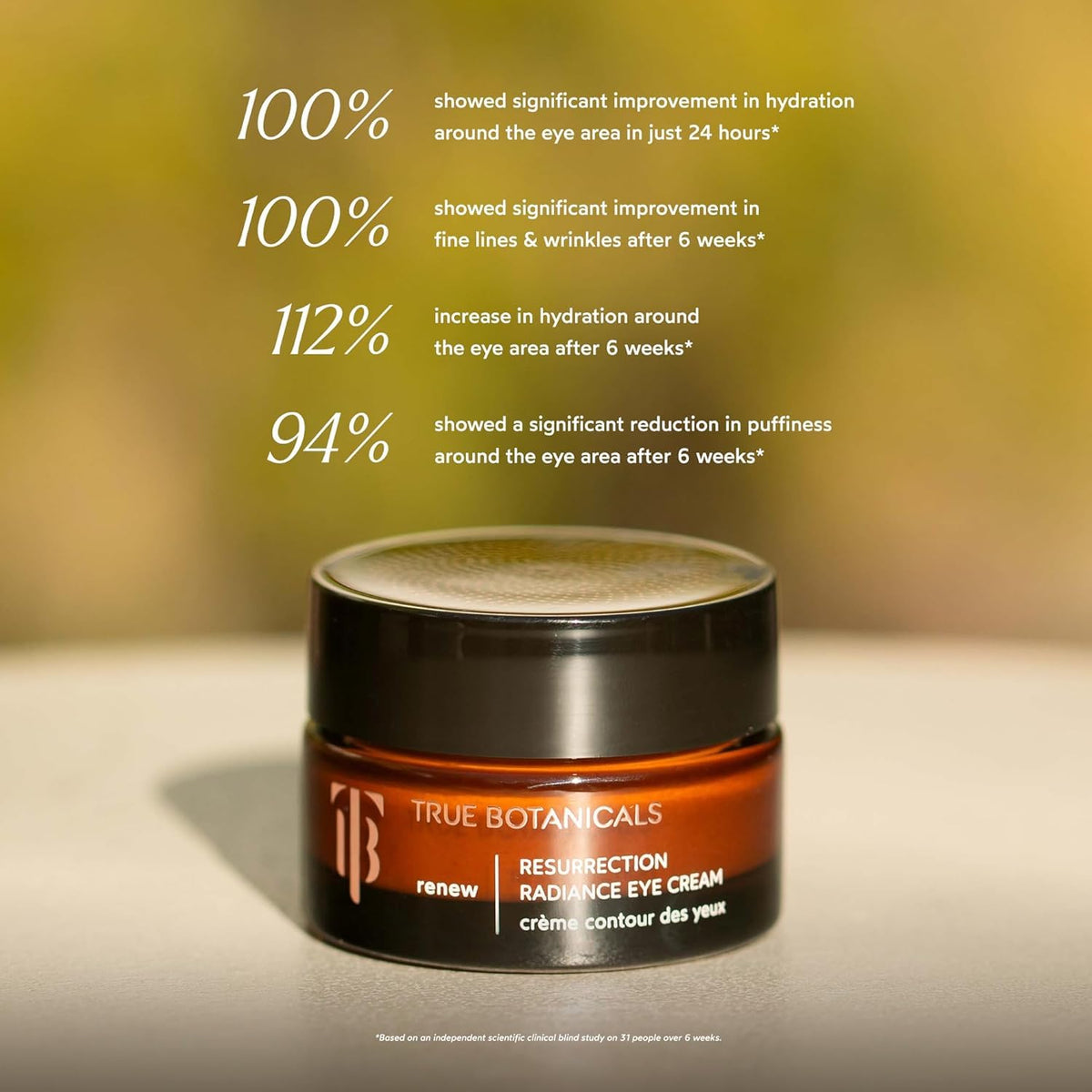 True Botanicals Resurrection Radiance Eye Cream applied beneath the eye for depuffing