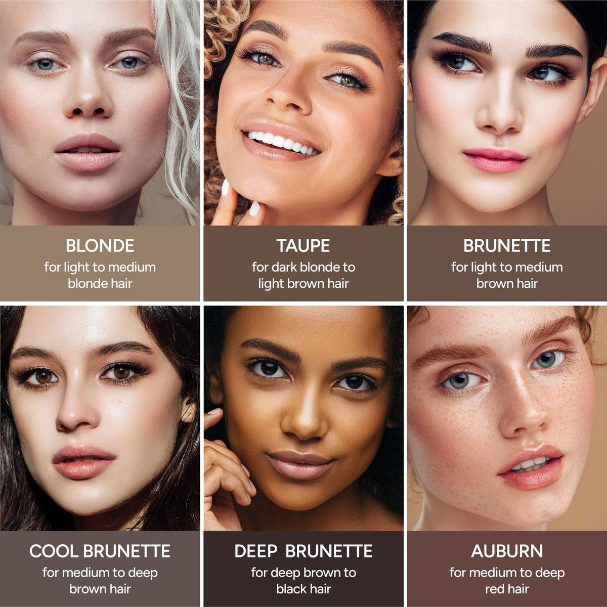 Taupe universal shade on diverse hair tones for versatile brow definition.