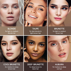 Taupe universal shade on diverse hair tones for versatile brow definition.