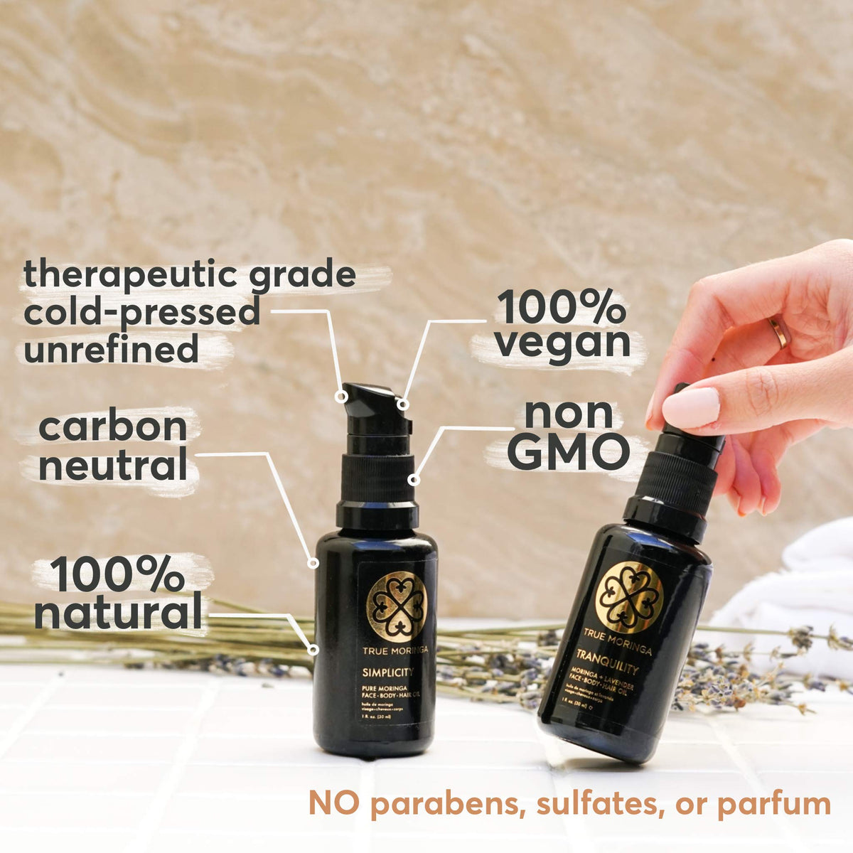 True Moringa Oil dropper applying on the face for lightweight hydration.