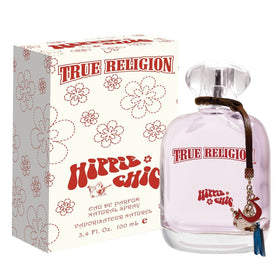 True Religion Hippie Chic bottle front view, suggesting vibrant fruity florals for evenings.