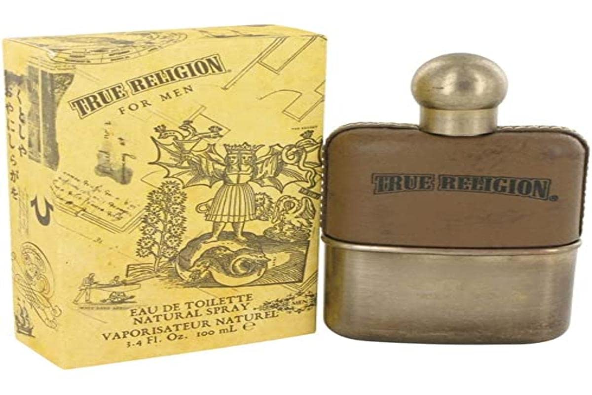 True Religion for Men bottle pour highlights citrus and woody notes for daily wear.
