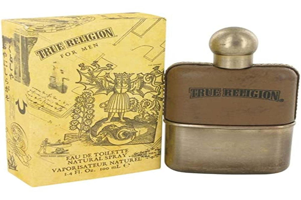 True Religion for Men bottle pour highlights citrus and woody notes for daily wear.