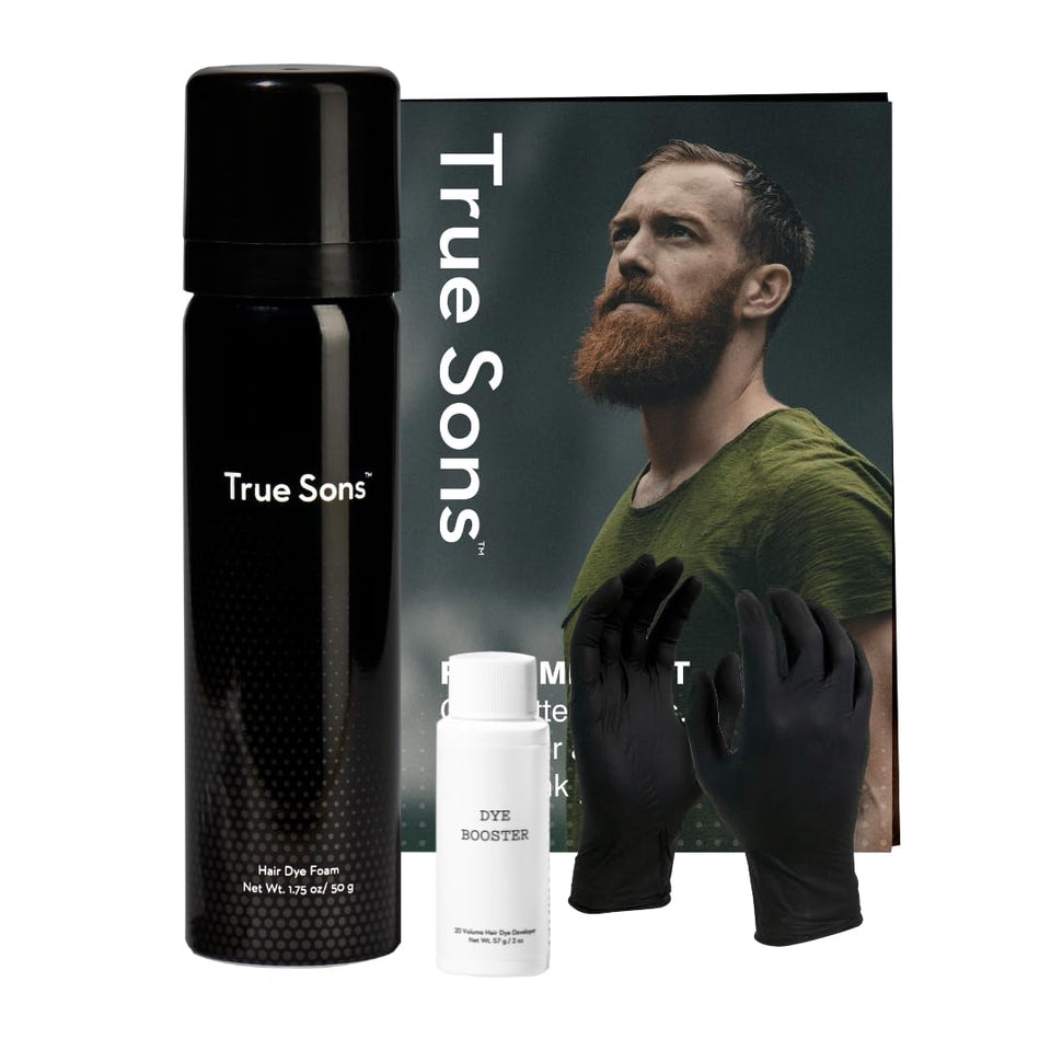 True Sons Hair Dye Foam bottle for natural brown-black look.