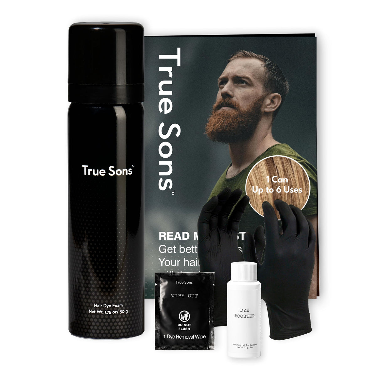 True Sons Hair Dye Foam packaging shows an easy at home dye kit for natural look