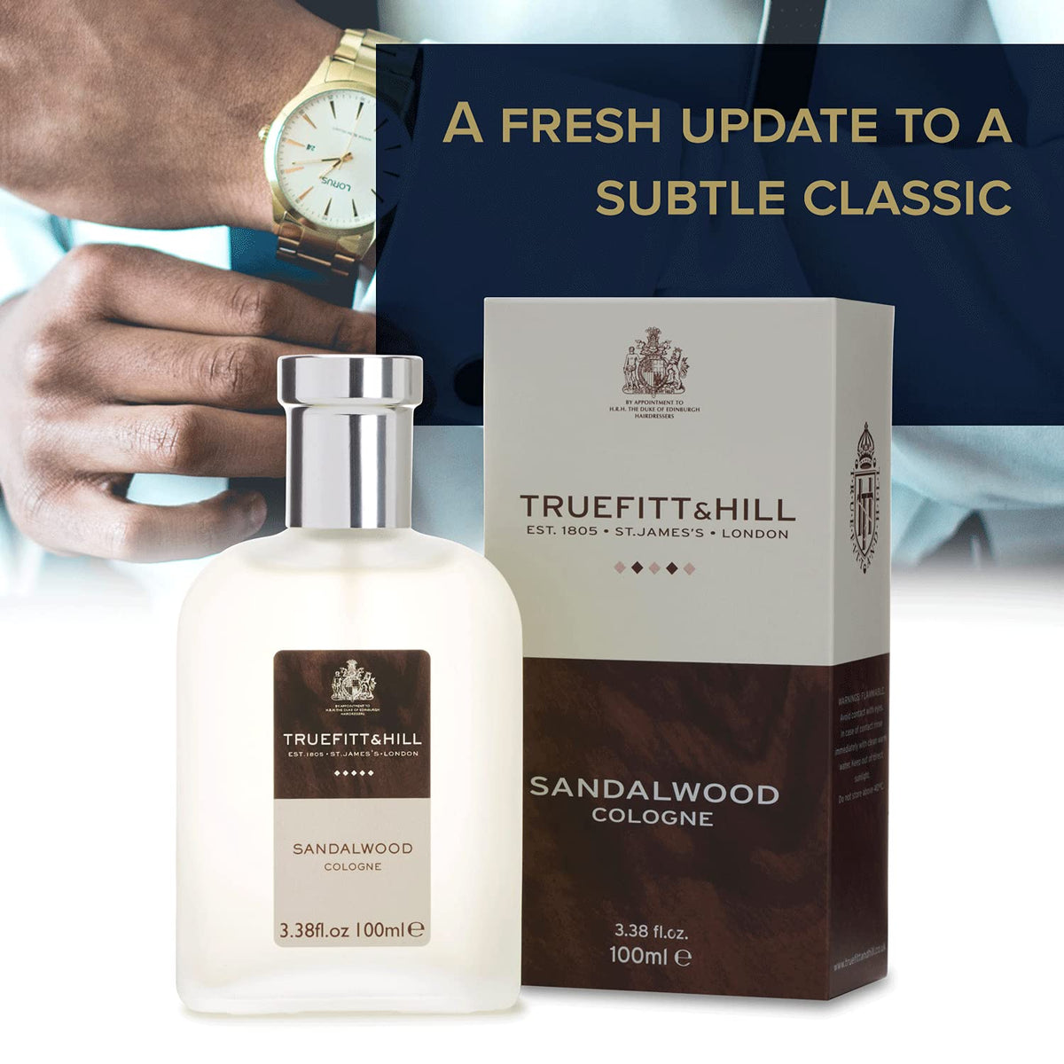Truefitt & Hill Sandalwood spray bottle close-up showing easy application.