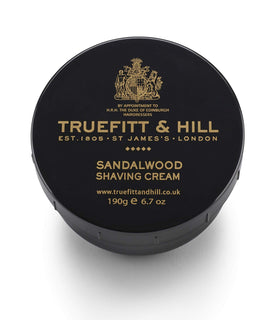 Close-up of creamy lather in Truefitt & Hill sandalwood shaving cream bowl