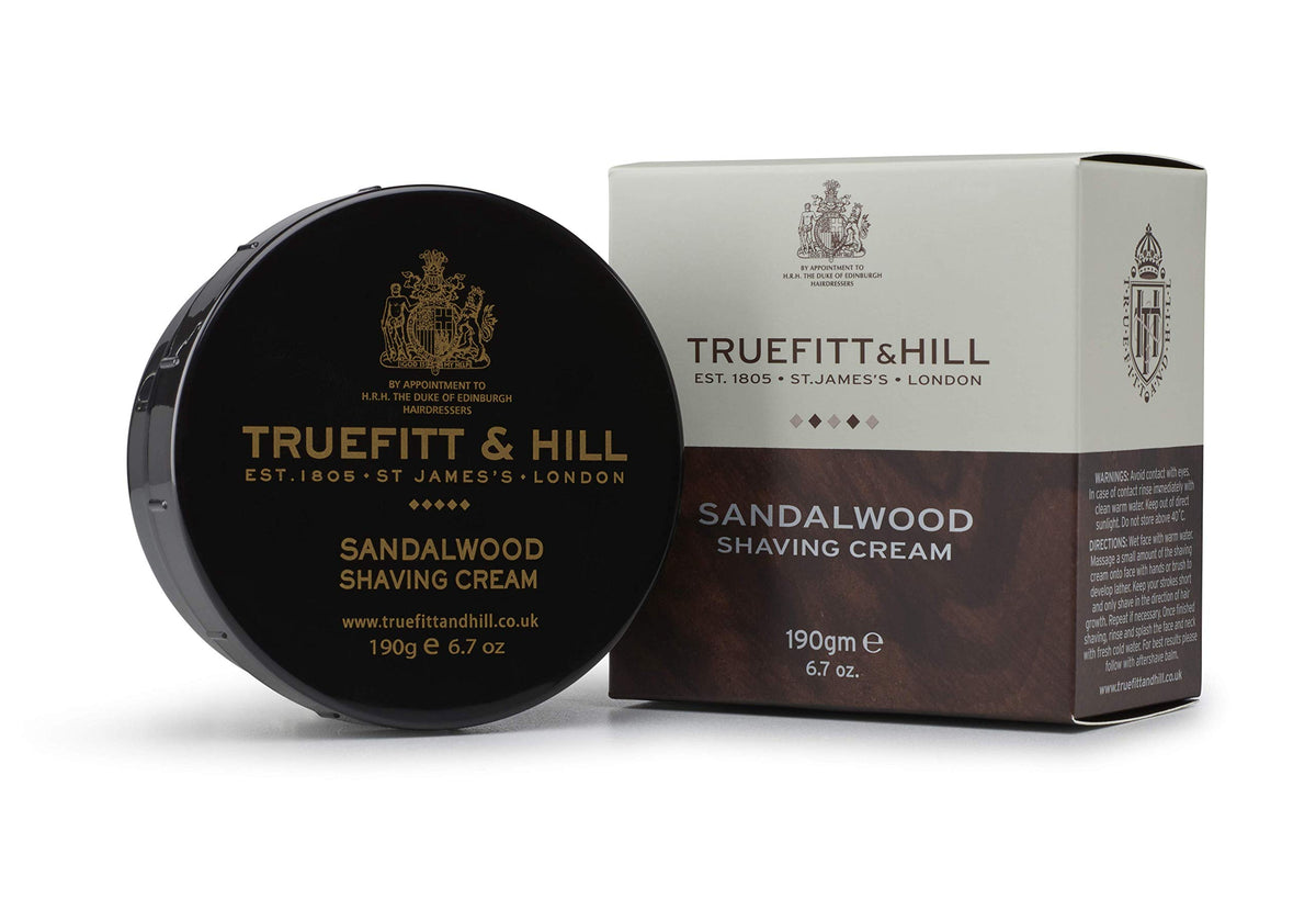 Truefitt & Hill sandalwood shaving cream bowl open lid reveals rich lather ready for shaving